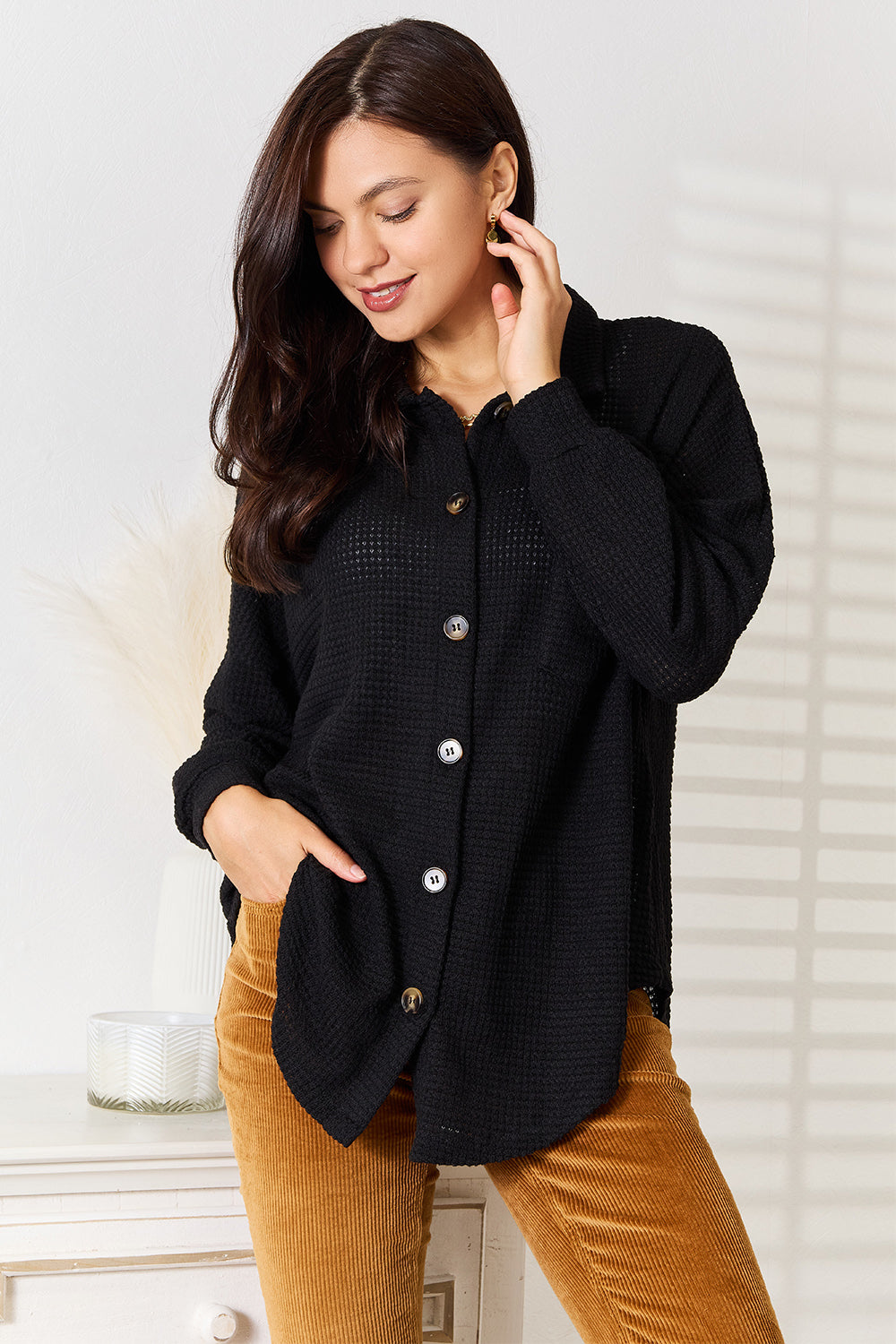 Double Take Waffle-Knit Collared Neck Dropped Shoulder Shirt 
